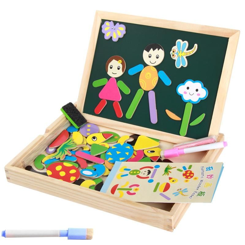 Tabla Magnetica Multifunctionala 2 in 1, Cutie din Lemn, cu Piese Magnetice, Creta, Marker, Burete, Educational Board