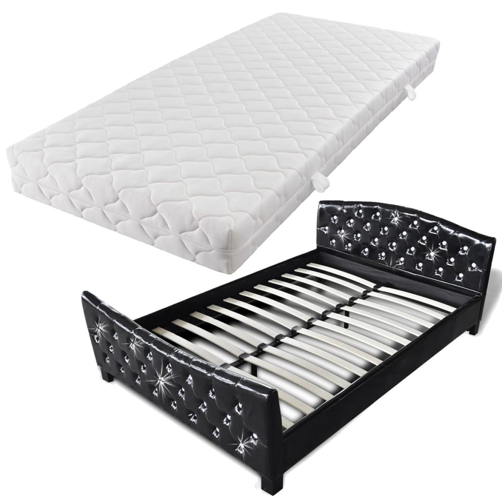 Set pat dublu cu saltea, vidaXL, Piele artificiala cu butoni decorativi, 140 x 200 cm, Negru