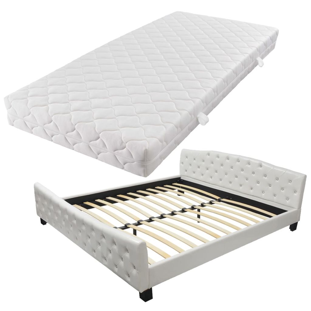 Set pat dublu cu saltea memorie, vidaXL, Piele artificiala cu butoni decorativi, 180 x 200 cm, Alb