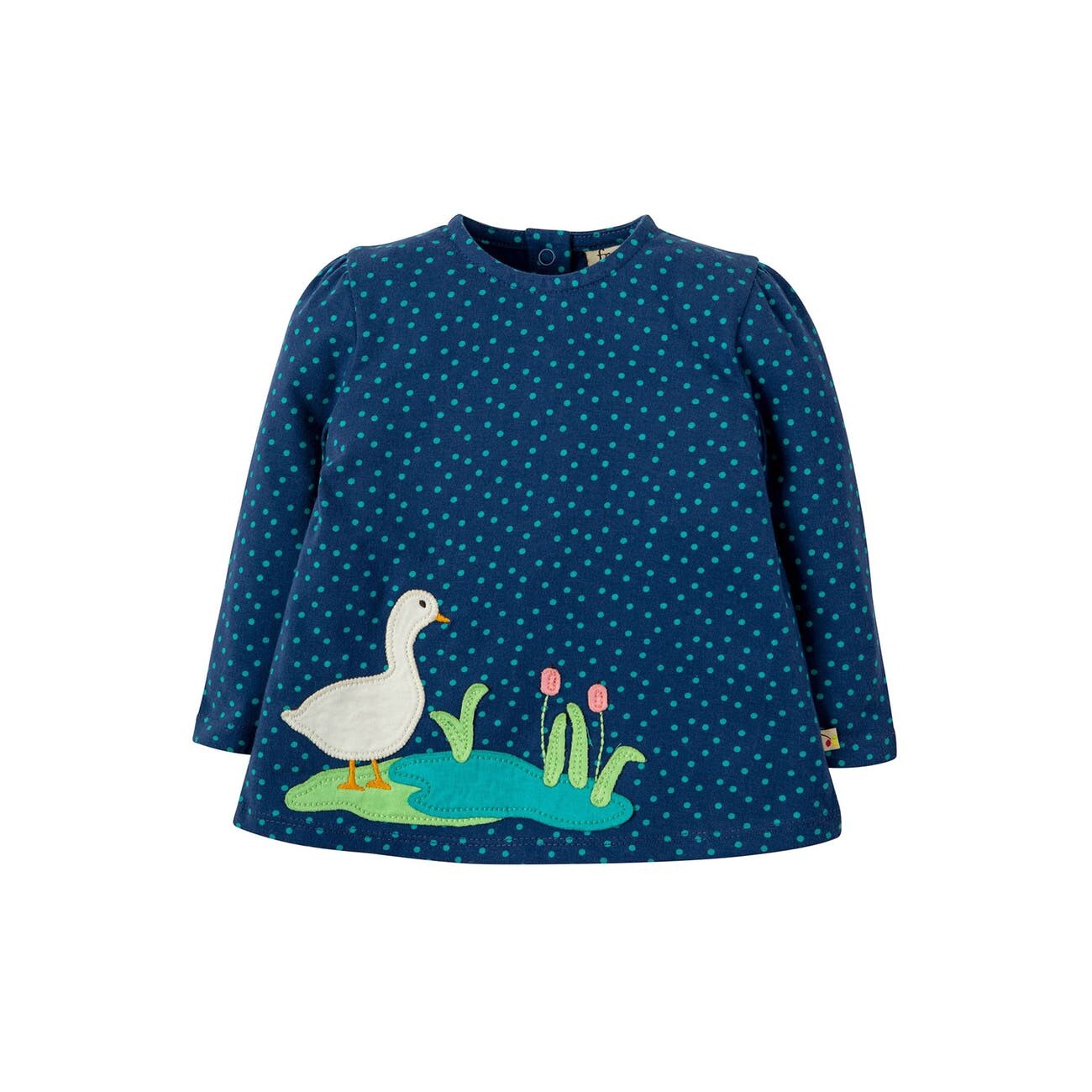 Bluza, Connie Applique Marine Blue Scatter Spot Duck, Frugi, bumbac organic, fete