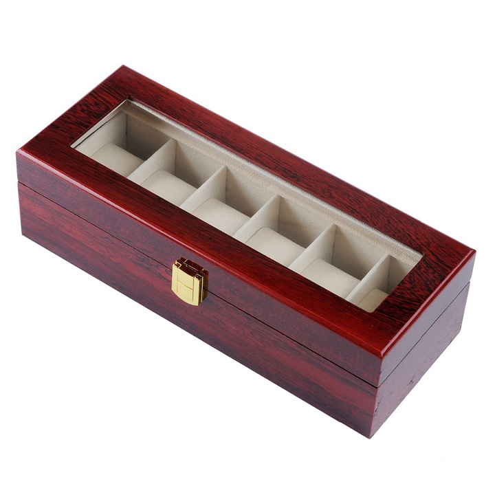Cutie caseta din lemn pentru depozitare si organizare 6 ceasuri, model Pufo Premium