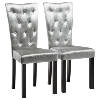 Set de 2 scaune de bucatarie, vidaXL, Tapiterie catifea cu butoni decorativi, 43 x 51 x 98 cm, Argintiu