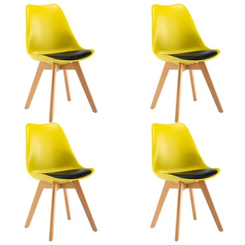 Set de 4 scaune de bucatarie, vidaXL, Cadru lemn si sezut polipropilena, 48 x 54 x 83 cm, Galben