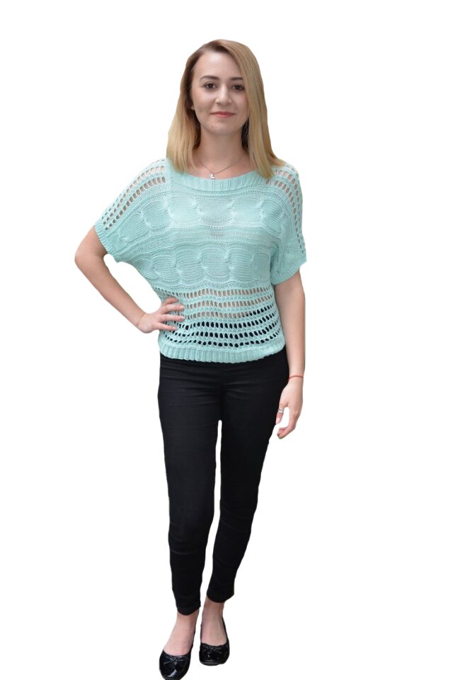 Bluza tricotata Nia cu perforatii, D&J Exclussive, Turcoaz