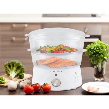 Aparat de gatit cu aburi, Beper, BC.260, 400W, timer 1 ora, 5L capacitate, termostat reglabil, material plastic ABS, recipiente transparente, oprire automata, contine boiler 0.5L, potrivit pentru prepararea mai multor tipuri de alimente simultan Aparat de gatit cu aburi, Beper, BC.260, 400W, timer 1 ora, 5L capacitate, termostat reglabil, material plastic ABS, recipiente transparente, oprire automata, contine boiler 0.5L, potrivit pentru prepararea mai multor tipuri de alimente simultan