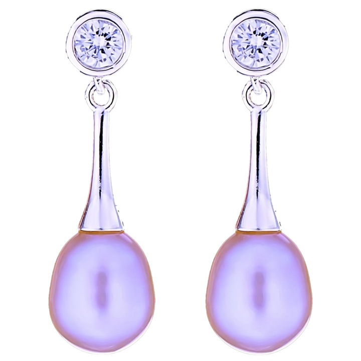 Cercei din Argint 925 cu Perle Naturale si Diamante, Giulia Purple