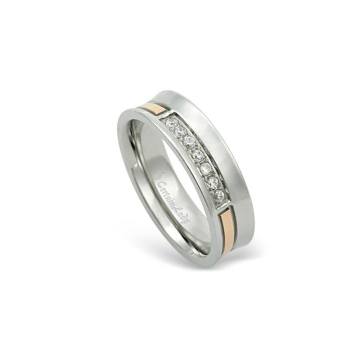 Inel elegant din inox cu zirconii si dunga aurie 6160