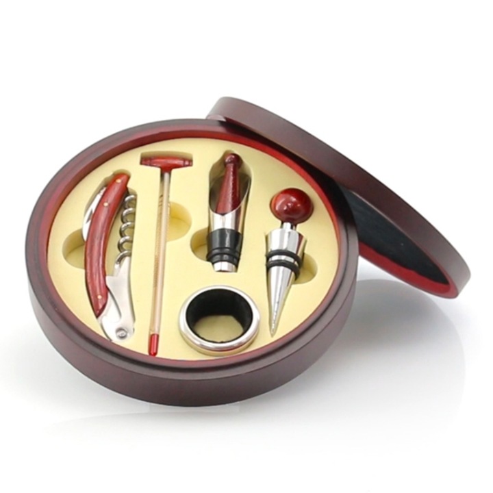 Комплект аксесоари за вино, 5 части, тирбушон, халка, щепсел, термометър, дозатор, Дървен