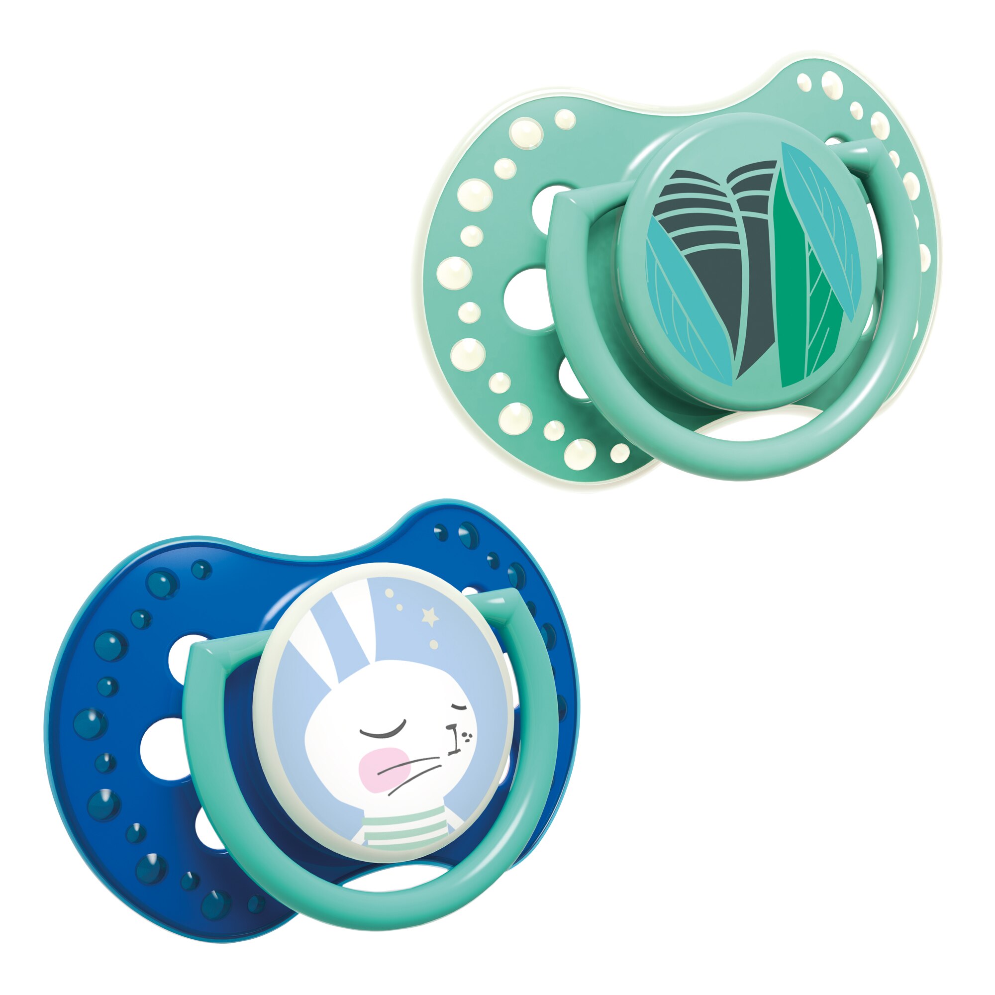 Set 2 suzete dinamice „Follow The Rabbit - boy“ cu elemente fosforescente si tetina simetrica silicon, Lovi®, fara BPA, 0-3 luni+, multicolor