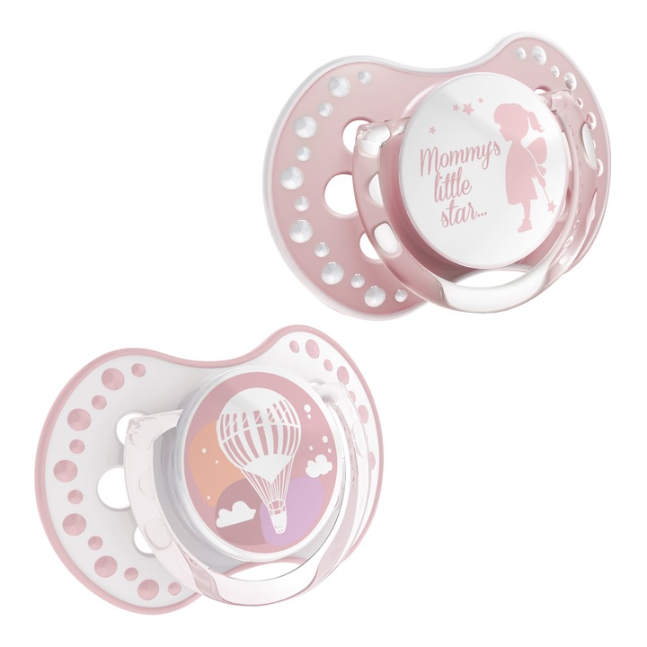 Комплект 2 залъгалки Pride & Joy, с фосфоресциращ пръстен и симетричен силиконов биберон, Lovi, BPA-free, 3-6 месеца+, многоцветни