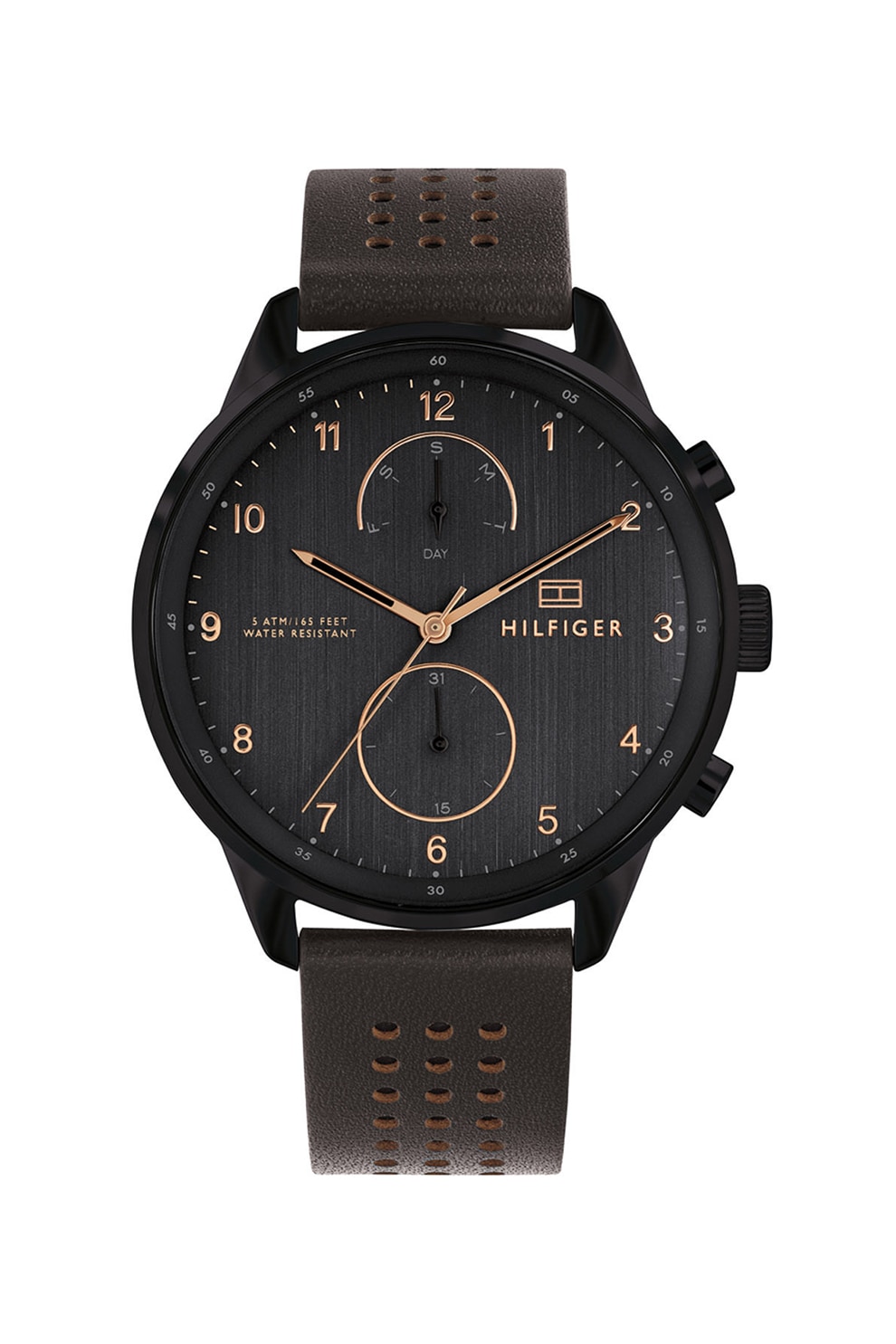 Tommy Hilfiger, Ceas quartz cu o curea de piele, Maro inchis/Negru/Auriu rose