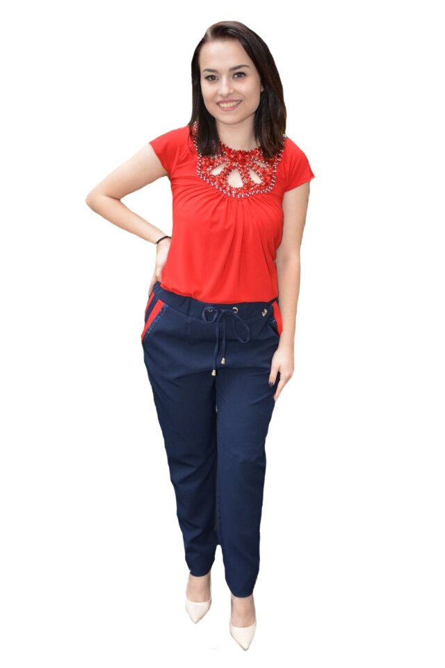Pantaloni Baez cu strasuri la buzunare, D&J Exclussive, Albastru marin
