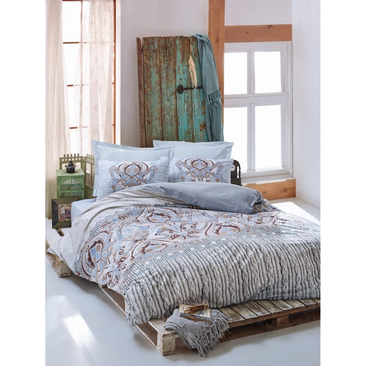 Lenjerie pat dublu bumbac 100% ranforce, 4 piese, Cotton Box, Verona Blue