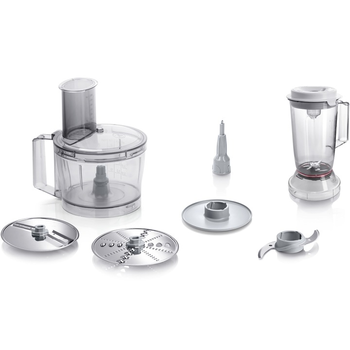 Robot de bucatarie Bosch MultiTalent 3 MCM3200W, 800 W, capacitate 2.3L, blender 1L, 2 trepte de viteza, peste 30 de functii, gri/alb