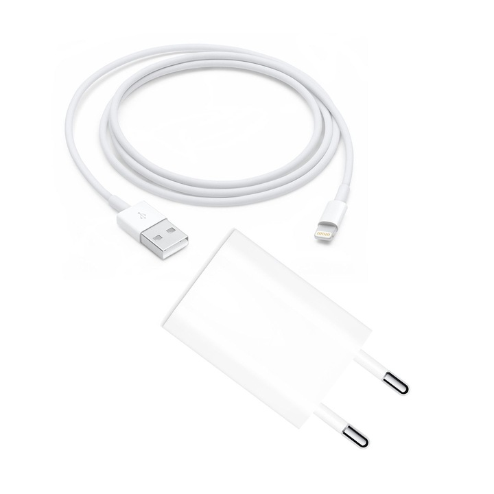 Incarcator compatibil Apple iPhone format din Adaptor iPhone Apple iPhone 5W + Cablu USB cu mufa lightning 2m SmartGSM