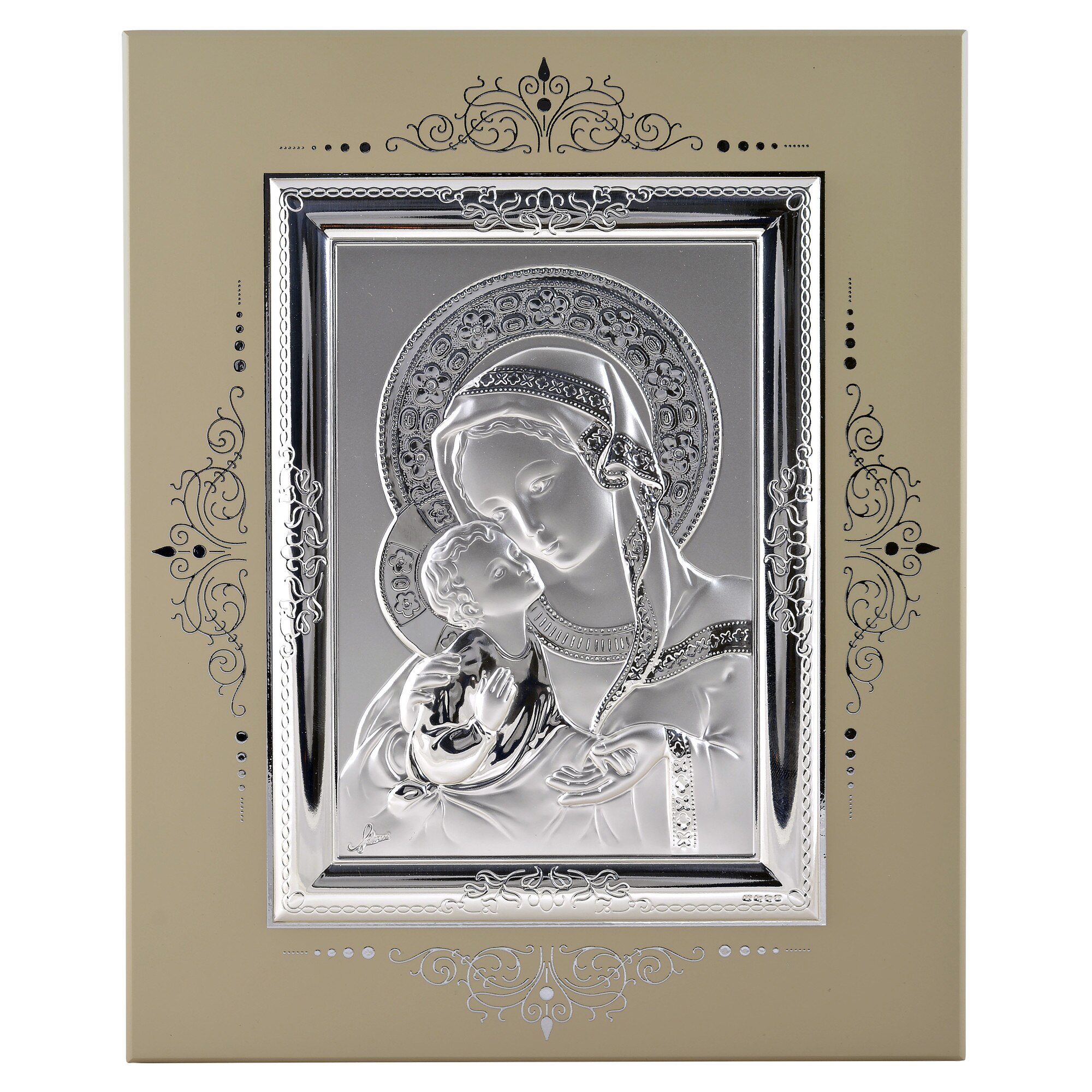 Icoana placata cu argint - Fecioara Maria cu pruncul Iisus - Flori roz, drept, 10*9 cm, 1/3