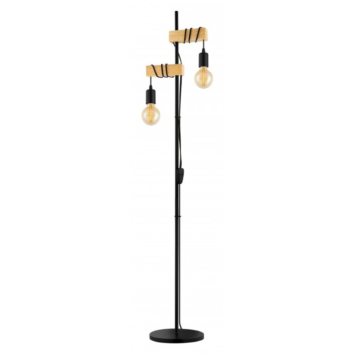 Lampadar vintage TOWNSHEND, EGLO, 2xE27, otel, lemn, negru, maro, 166.5 x 25 x 20.5 cm, intrerupator pe fir