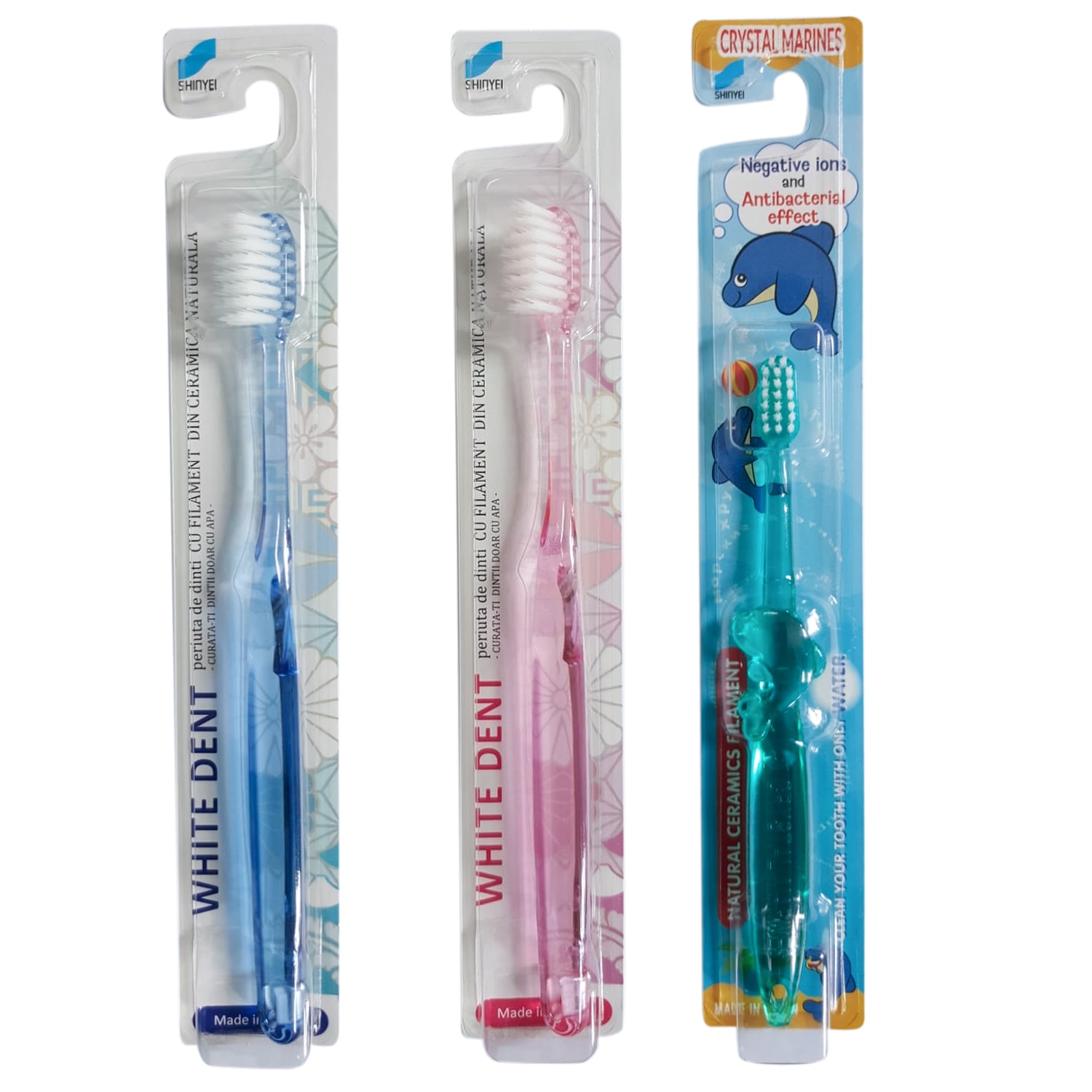 Set 3 Periute de dinti inovative, White Dent, Crystal Fresh, cu filament din ceramica naturala, nu necesita folosirea unei paste de dinti, 2 bucati adulti albastru - roz, 1 bucata copii albastru