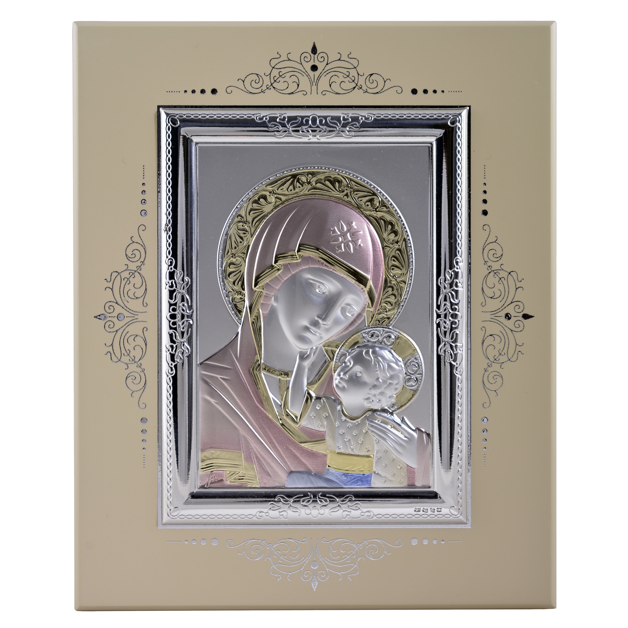 Icoana placata cu argint, pictata manual - Fecioara Maria cu pruncul Iisus - Ortodox, rama compozit, drept, 25x20 cm, 3/3