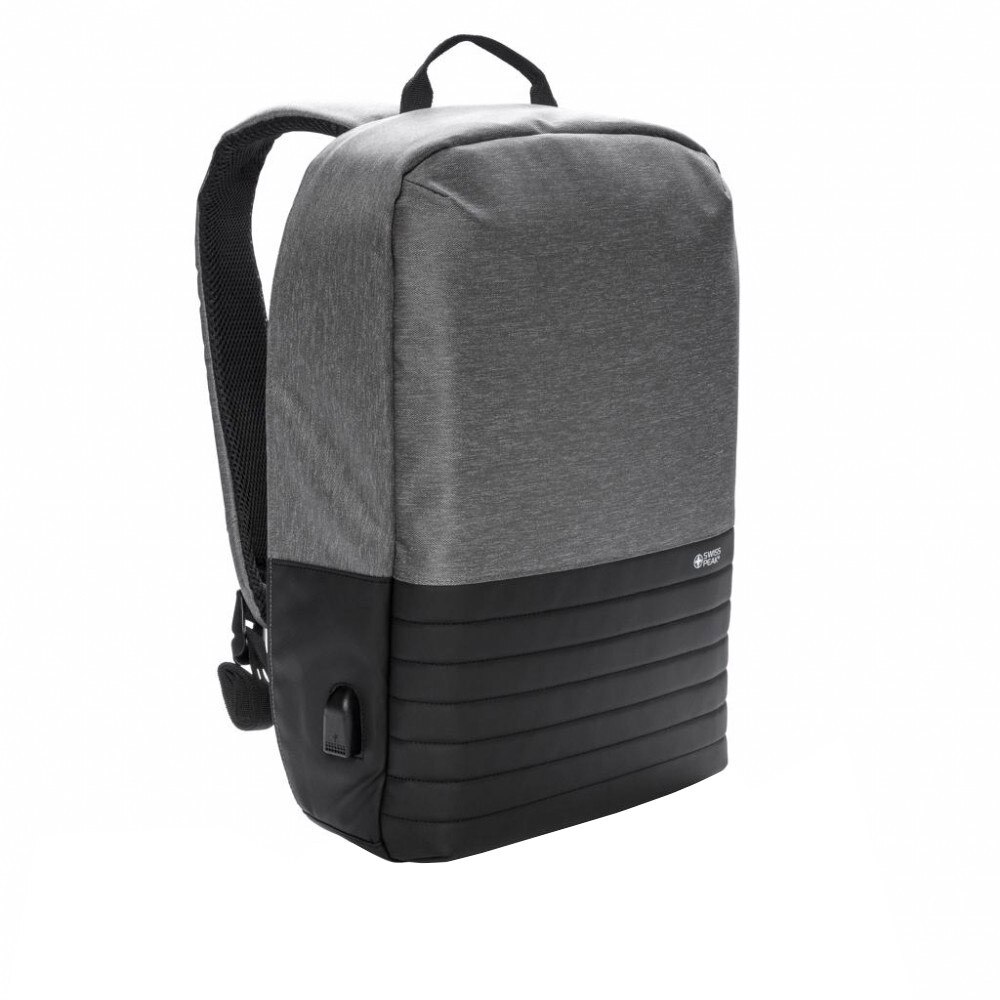 Rucsac antifurt laptop 15 inch, RFID, Swiss Peak by AleXer, RD, poliester, gri, breloc inclus din piele ecologica si metal