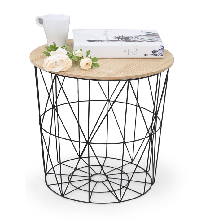 Дизайнерска Мини Масичка + Кош Antonio Milano, Ф42 см, MDF, Метал, Натурален / Черен