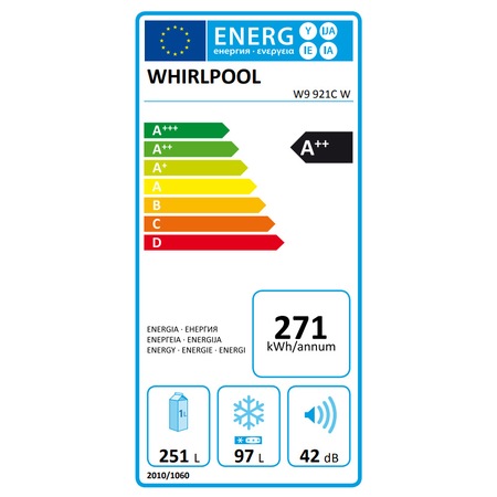 Combina frigorifica Whirlpool W9 921C W, 348 l, Clasa A++, Dual No Frost, 6th Sense, Display Electronic Interior, H 201 cm, Alb