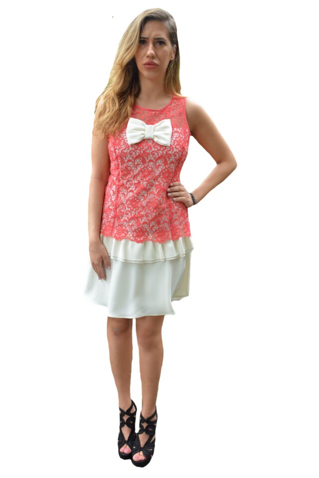 Rochie Michaela din dantela, D&J Exclussive, Roz/Alb