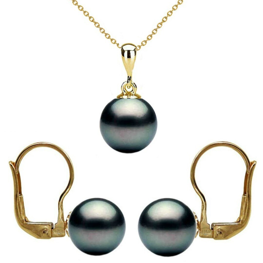 Set Aur 14 karate cu Perle Naturale Negre Premium