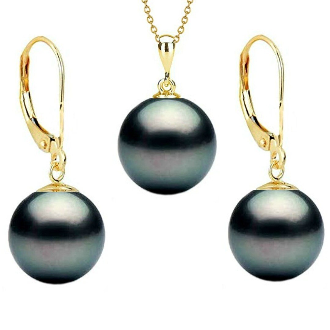 Set Aur 14 k cu Perle Naturale Negre Premium 10 mm