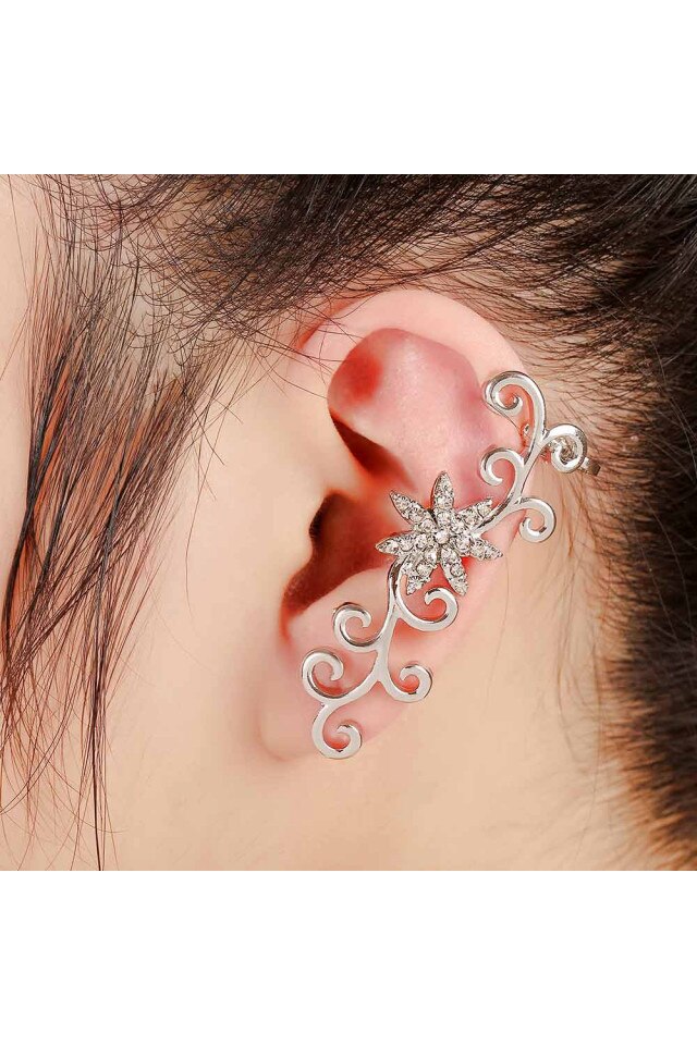 Cercel Ear Cuff Floare Cu Cristale Si Frunzulite Rasucite Argintiu Urechea Dreapta Emag Ro