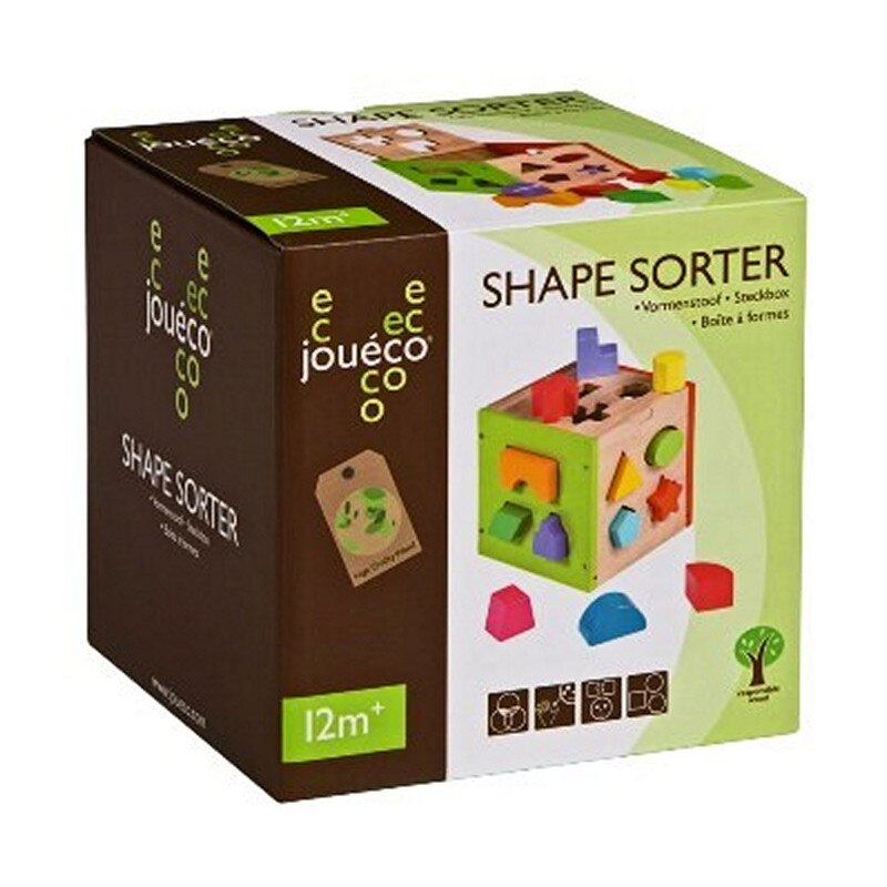 Jucarie educativa, Cub Lemn, 16 cm, Joueco Shape Sorter, 13 piese