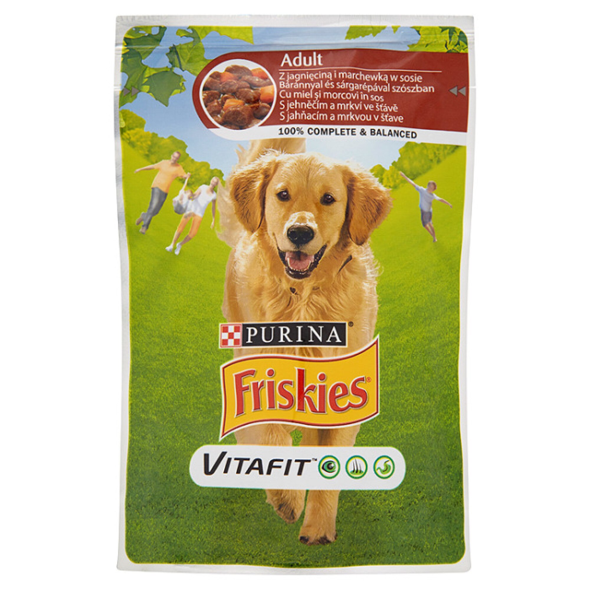 Hrana pentru caini Friskies plic cu miel si morcovi in sos 100 g