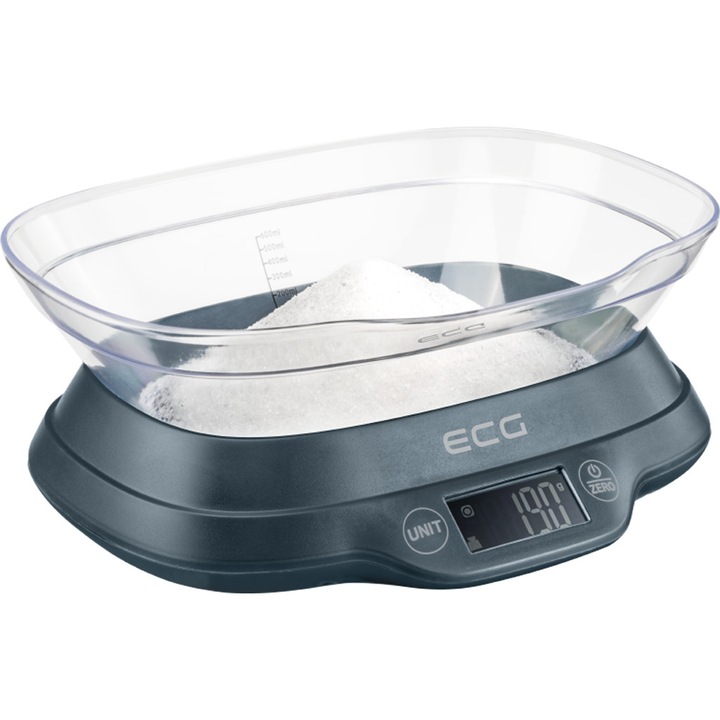 Cantar de bucatarie ECG KV 1120 SM, 5 Kg, functie TARA, precizie 1 g, bol gradat 1.2 L, Gri
