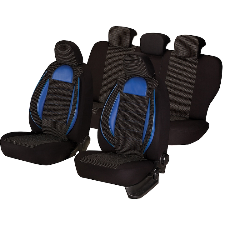 Set huse scaune auto Smartic®, Racing, 11 piese, compatibile cu airbag, rabatabile, 3 straturi de material, negru/albastru