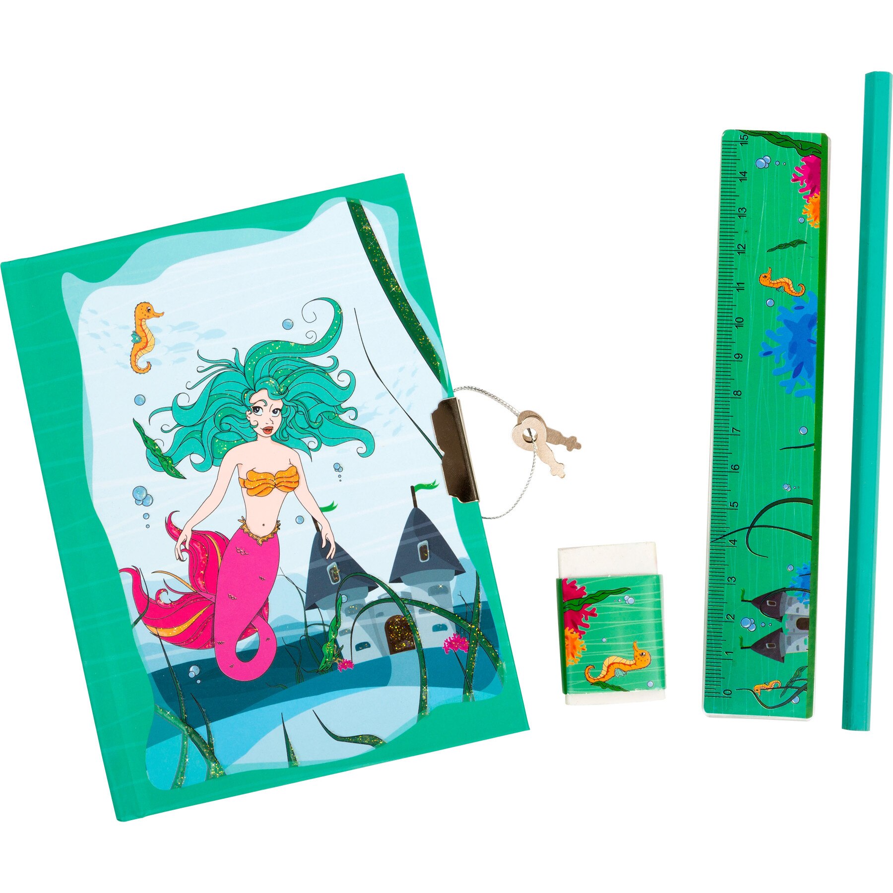 Set caiet jurnal cu cheita, Sirena, Legler (include rigla, creion si guma de sters)