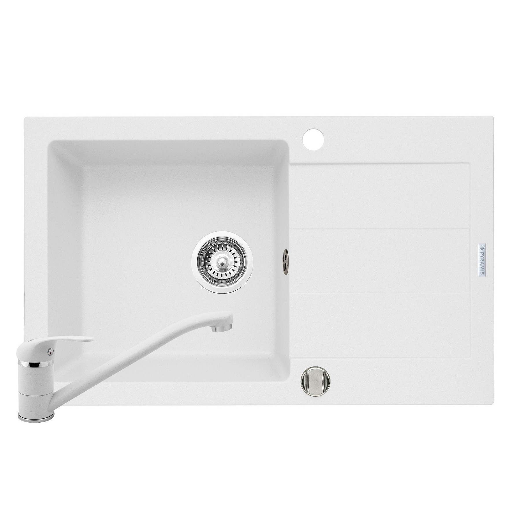 Set Pyramis chiuveta SPARTA PLUS si baterie ASALIA, 780x480mm, adancime 190mm, reversibila, pipa lunga, finisaj Pyragranite snow