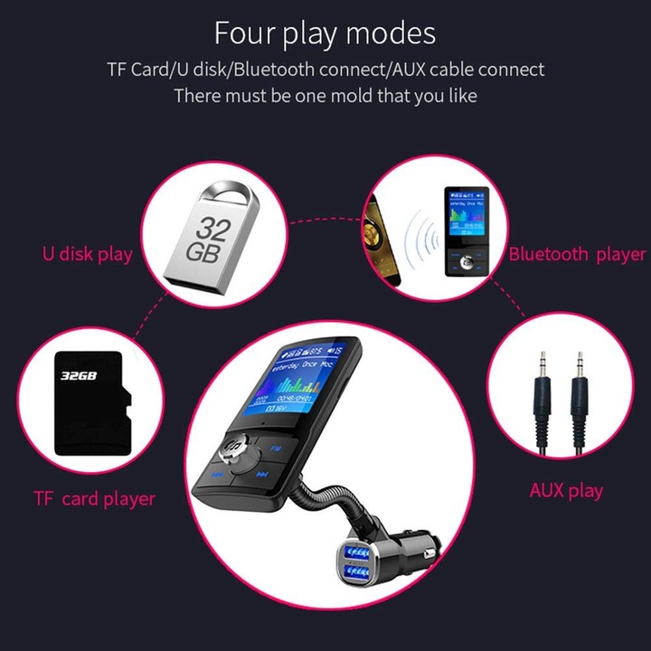 SELON BC43 Bluetooth FM modulátor v4.2, színes LCD képernyő, 1,8 hüvelykes, autós kihangosító készlet, SIRI támogatás, MicroSD Mp3 lejátszó, Aux kábel, beépített mikrofon 1xUSB, 1xQC3.0, Apple iPhone iPod iPad Samsung Huawei Android kompatibilis