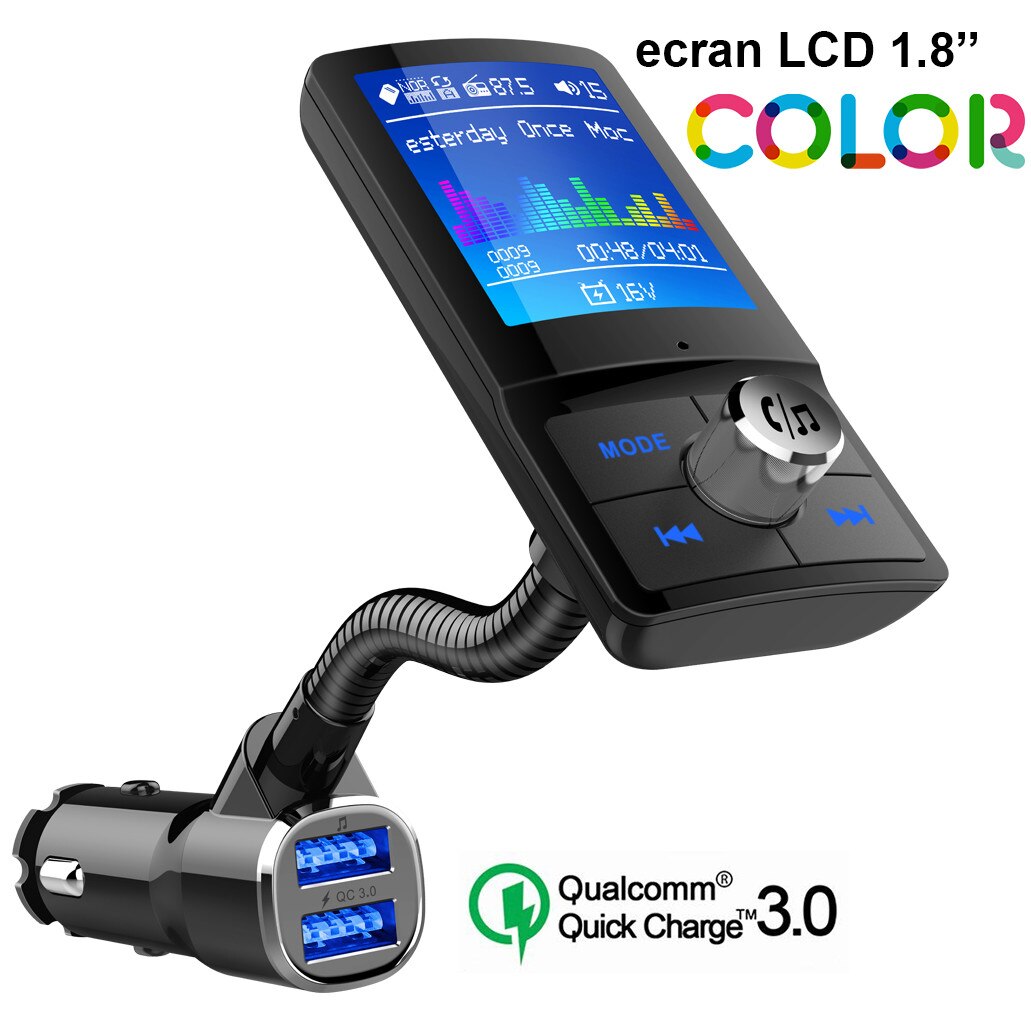 Modulator FM Bluetooth v4.2, ecran mare color LCD 1.8'' Quick Charge 3.0, car kit handsfree, Suport SIRI, MicroSD Mp3 Player, cablu Aux, microfon incorporat 1xUSB, 1xQC3.0 compatibil Apple iPhone iPod iPad Samsung Huawei Android Smartphone, BC43, Joyon®