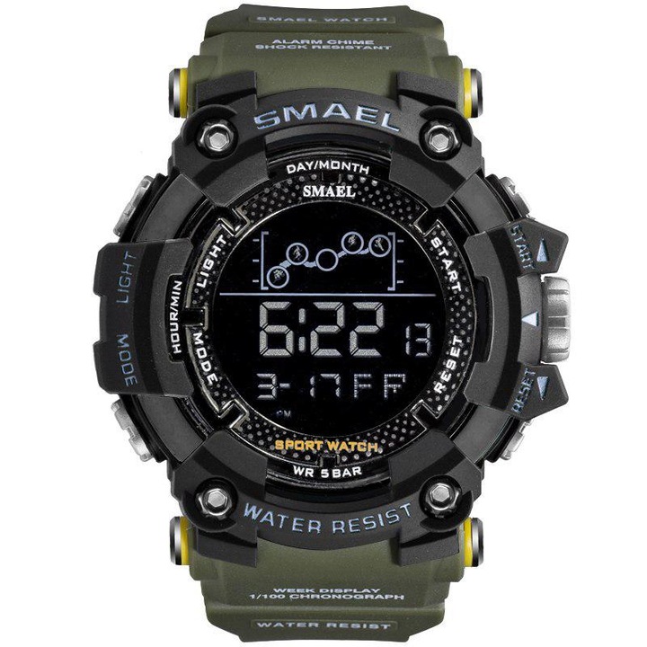 Мъжки часовник Smael Army Green, Удароустойчив, Спортен, Военен, Дигитален, Двойно време, Хронограф