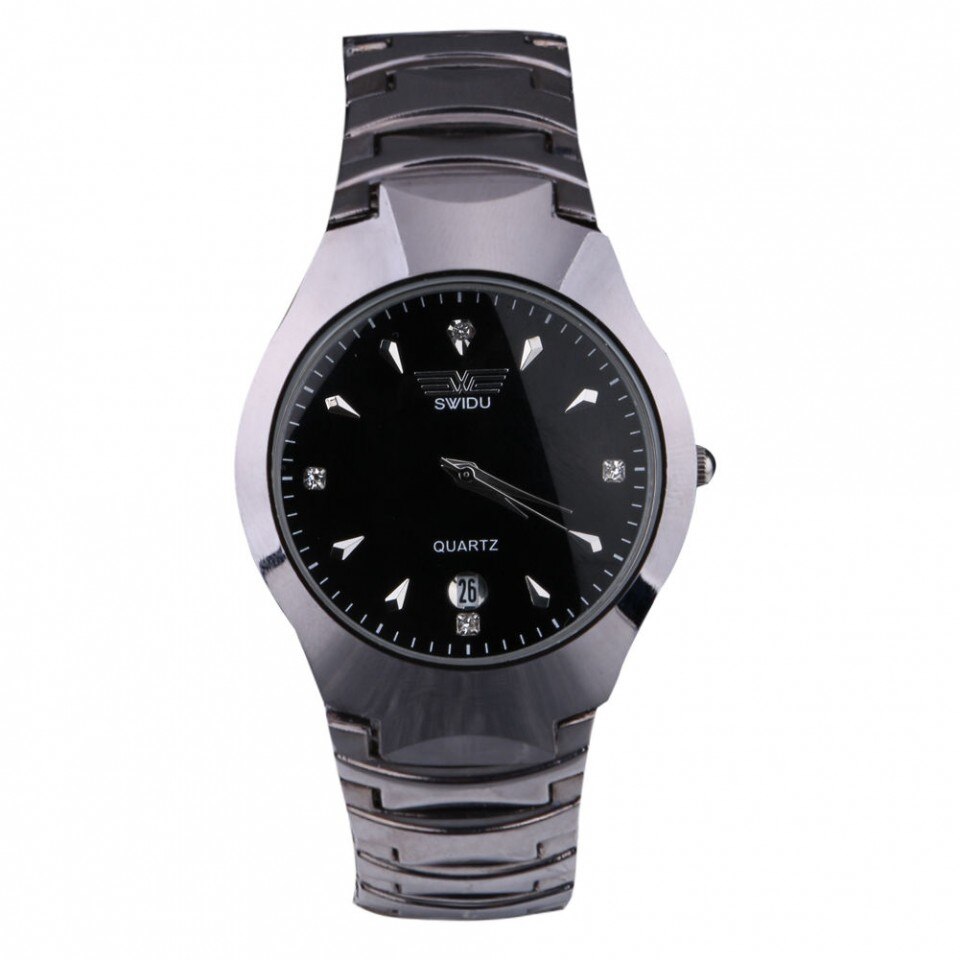 Ceas de dama Swidu, metalic, negru, cu cristale, afisaj data