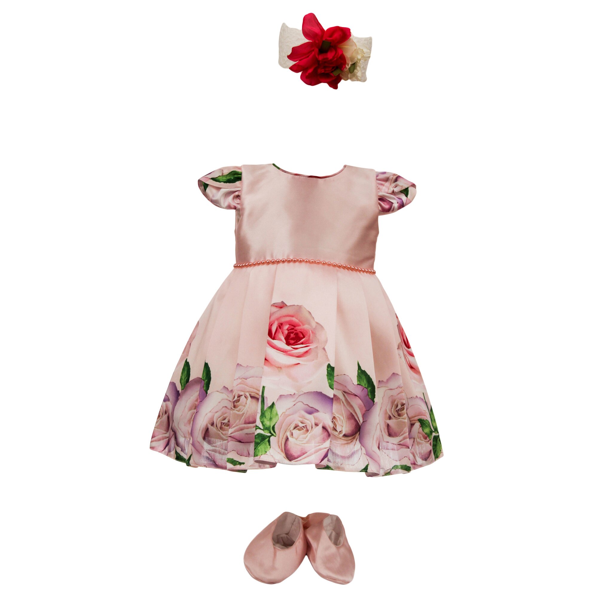 Rochie botez, model Flori Roz, culoare roz, varsta 6-9 luni