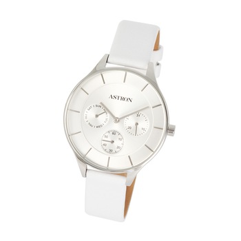 Ceas de dama ASTRON, mecanism quartz, carcasa argintie, curea alba, cadran argintiu, 36 mm Ceas de dama ASTRON, mecanism quartz, carcasa argintie, curea alba, cadran argintiu, 36 mm