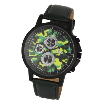 Ceas barbatesc CARDY , mecanism quartz , carcasa neagra , curea verde , cadran verde in stil de camuflaj Ceas barbatesc CARDY , mecanism quartz , carcasa neagra , curea verde , cadran verde in stil de camuflaj