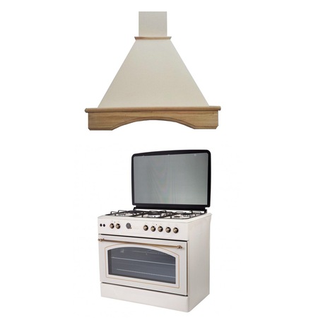Pachet rustic Studio Casa Avena 90, aragaz pe gaz FE90/60 si hota decorativa rustica Iris 90 cm , 4 arzatoare gaz + 1 ochi electric, rotisor, gratare fonta, 500 mc /h, finisaj crem