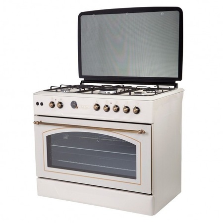 Pachet rustic Studio Casa Avena 90, aragaz pe gaz FE90/60 si hota decorativa rustica Iris 90 cm , 4 arzatoare gaz + 1 ochi electric, rotisor, gratare fonta, 500 mc /h, finisaj crem