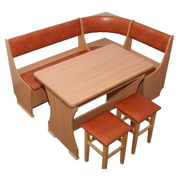 Coltar de bucatarie MIOARA, PAL Melaminat, Masa fixa, 2 taburete tapitate, Stejar Coltar de bucatarie MIOARA, PAL Melaminat, Masa fixa, 2 taburete tapitate, Stejar