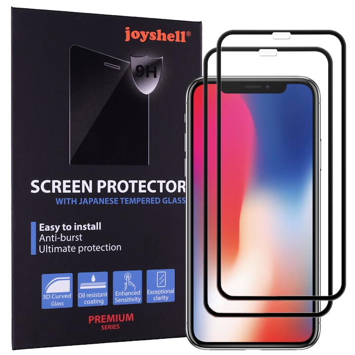 Set: 2 x Folie de protectie sticla compatibila cu iPhone Xs Max, Protectie Ecran Full Cover 3D, Full Screen Adhesive, Joyshell - Negru