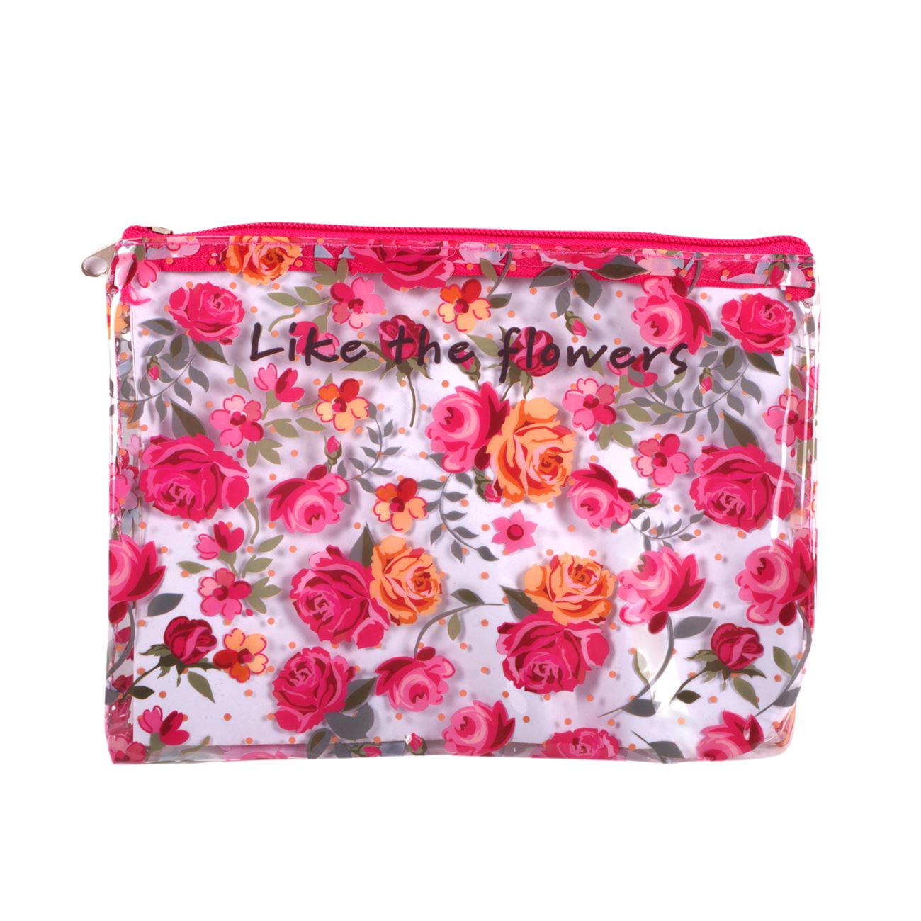 Portfard pentru cosmetice, Zola®, transparent, Model trandafiri, 21x16x2 cm