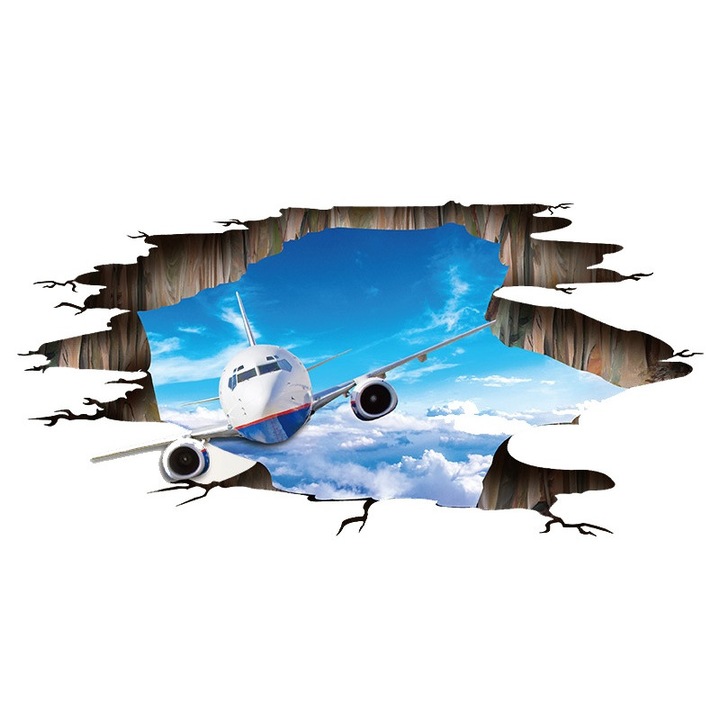 BV 97STK 3D Dekoratív matrica, 115 cm, Lyuk a falban, Repülőgép az égen