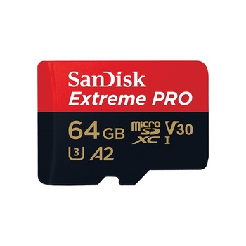 Card de memorie SANDISK Extreme Proo microSDXC, 64GB, 160MB/s, C10, U3, A2, V30, SD Adaptor Card de memorie SANDISK Extreme Proo microSDXC, 64GB, 160MB/s, C10, U3, A2, V30, SD Adaptor
